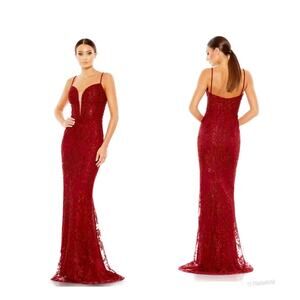 Mac Duggal Embellished Plunge Neck red Mermaid Gown - Size 8 (New)